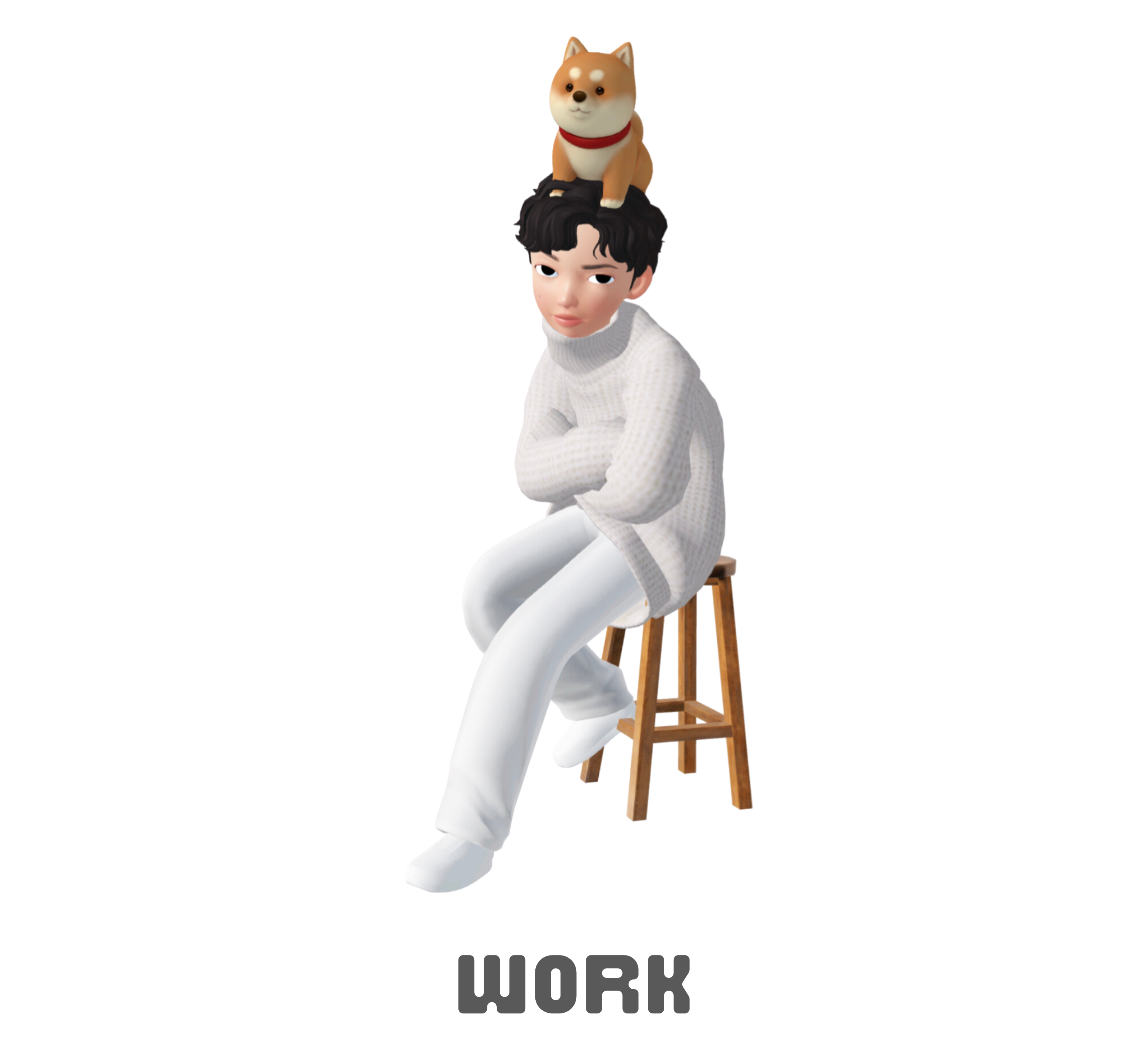 Khang sitting on chair with dog on head with Work Section Logo